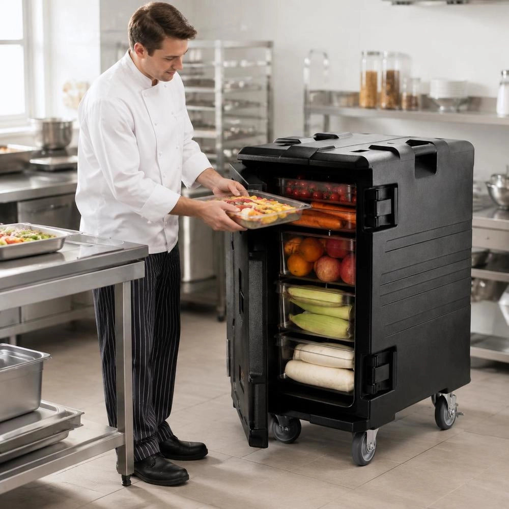 Insulated Food Container Carrier, Front Loader, Catering Box With Wheels, 103 L, Black