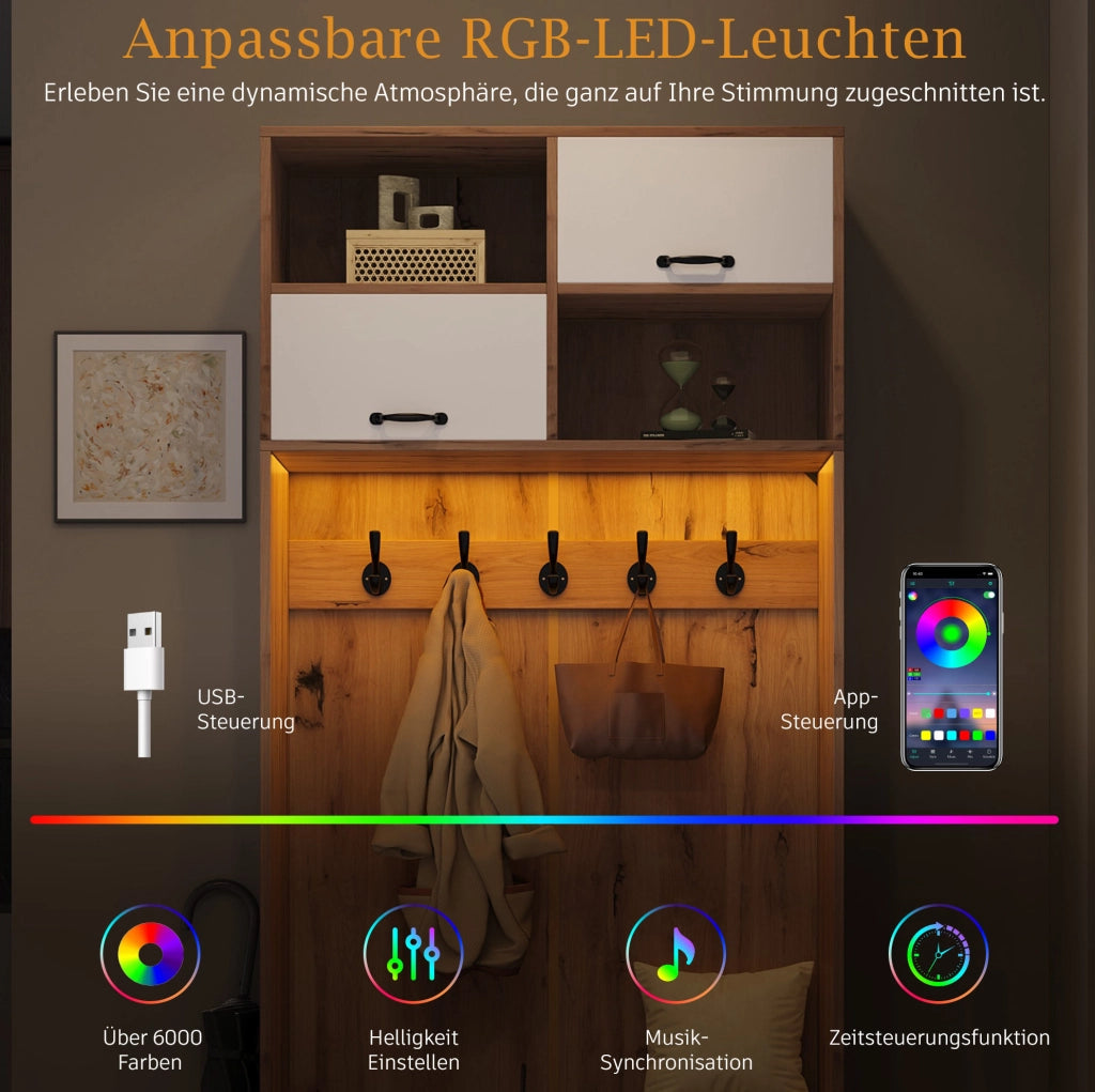 Mobile ingresso moderno con panca; 5 ganci; 4 vani aperti e illuminazione regolabile; 80x35x185 cm; bianco e naturale