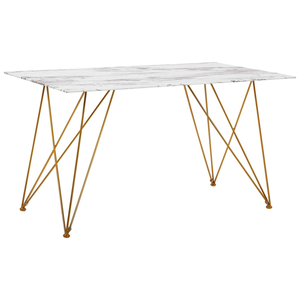 Tavolo da Pranzo Effetto Marmo Bianco con Piano in Vetro Temperato dorato Gambe in Metallo 140 x 80 cm Glam Soggiorno