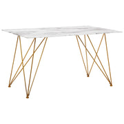Tavolo da Pranzo Effetto Marmo Bianco con Piano in Vetro Temperato dorato Gambe in Metallo 140 x 80 cm Glam Soggiorno