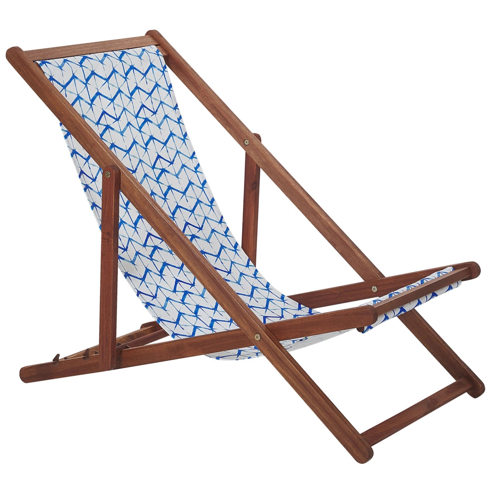 Set di 2 Sedie a Sdraio da Giardino Struttura in Legno di Acacia Scuro Seduta Amaca in Tessuto Bianco e Blu Reclinabile