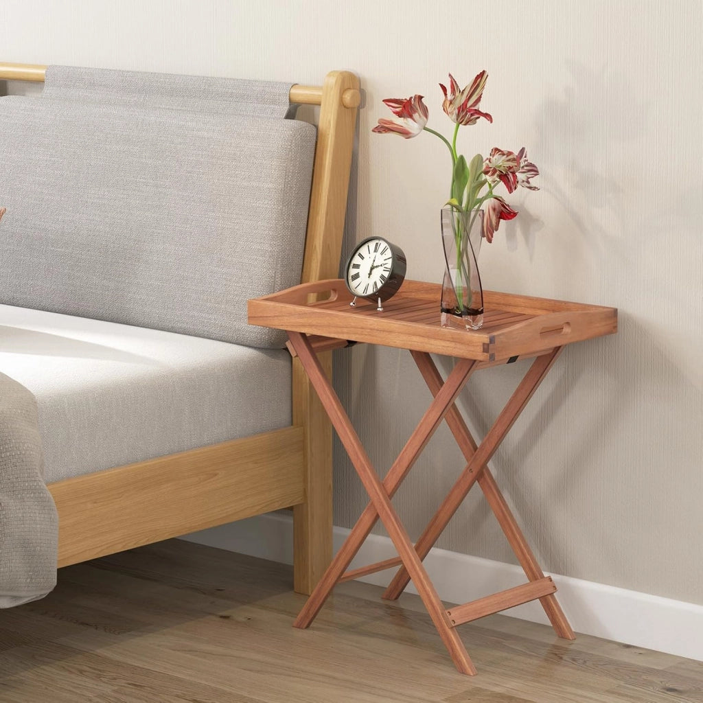 Tavolino ausiliario in legno di acacia per giardino, comodino rettangolare con ripiano aperto inferiore, 45 x 45 x 45 x 45 cm, motivo a lamelle, per soggiorno, terrazza, balcone