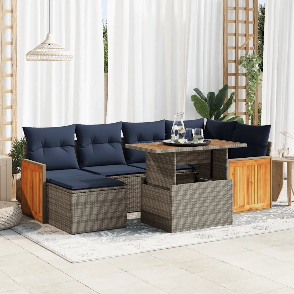 Set Divani da Giardino con Cuscini 7pz Nero Polyrattan Acacia 3327736