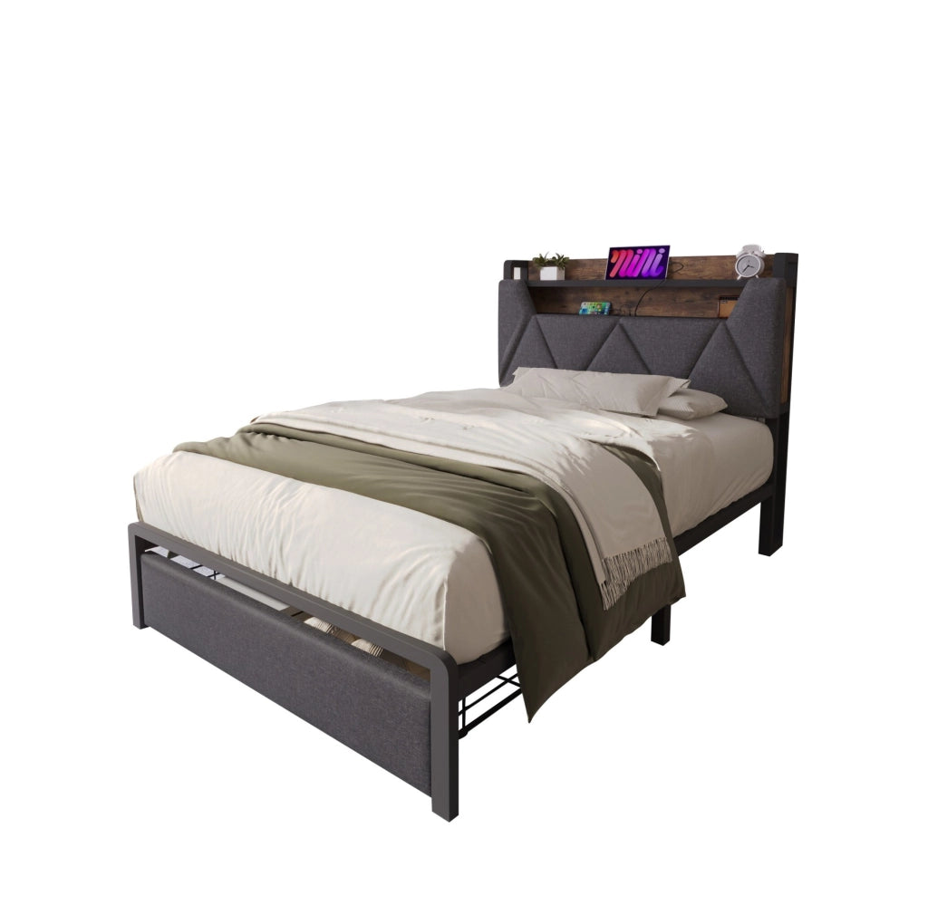 Letto contenitore 90x200 cm con testiera portaoggetti; USB-C; LED; cassetti; lino grigio