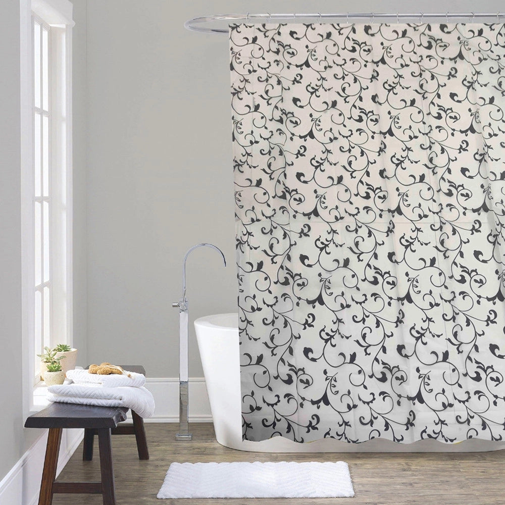 Trade Shop - Tenda Doccia Vasca Da Bagno 12 Ganci Motivo Floreale Bianco Nero 240x200cm 87568 -