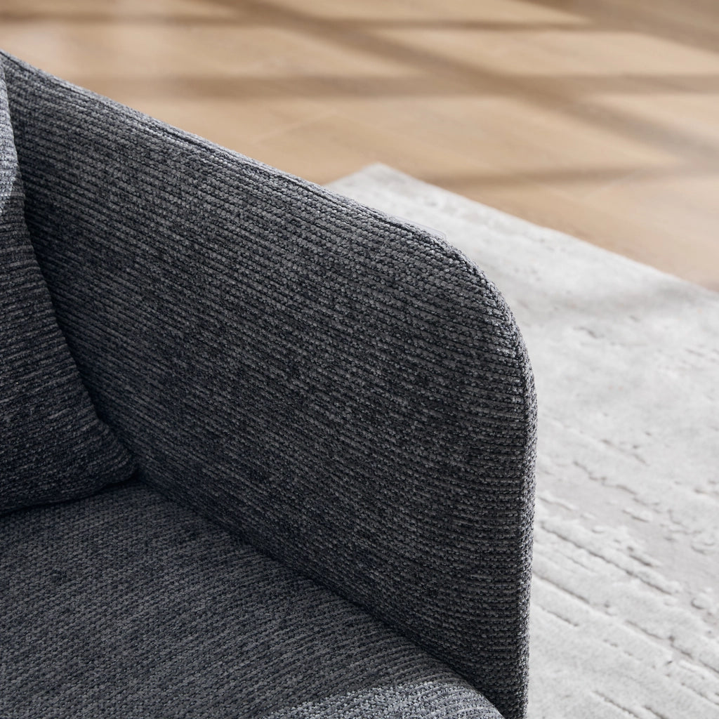Poltrona moderna in chenille grigio scuro con tavolino laterale e 2 tasche portaoggetti