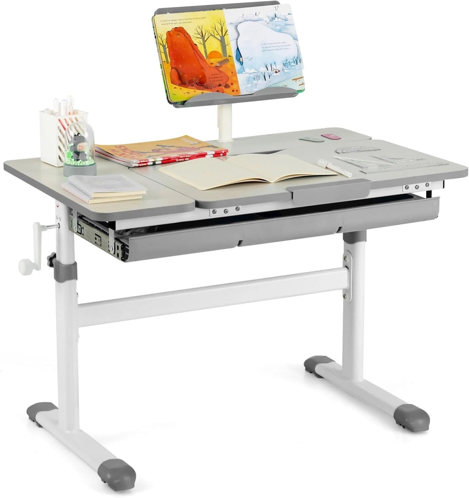 Scrivania per Bambini, Tavolo per Studenti con Regolabile in Altezza, con Piano Ribaltabile, Libreria, Cassetti e Righello di Misurazione, Ergonomica, Ideale per Bambini 3-12 Anni (Grigio)