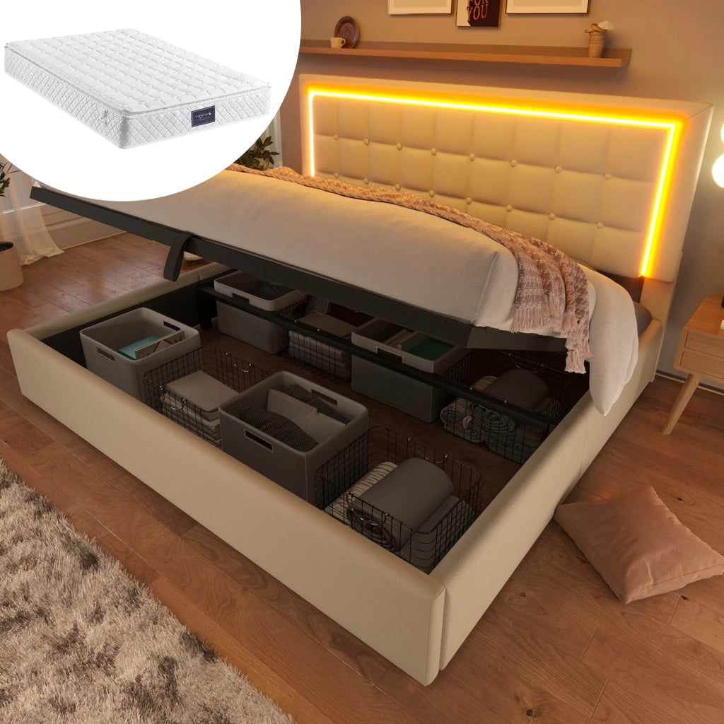 Letto matrimoniale 160x200 cm in PU bianco con LED, contenitore idraulico, rete e materasso