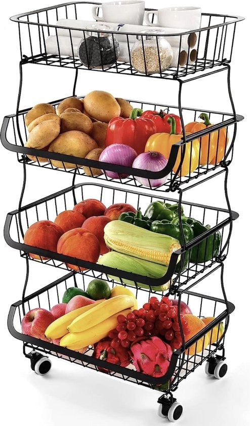 Fruitiera a 4 livelli, contenitore per verdure, cassetti metallici ripiegabili con ruote, adatti per cucina, armadio, bagno, ripostigli, carrello cucina, carrello camera da letto, carrello nursery, carrello bagno