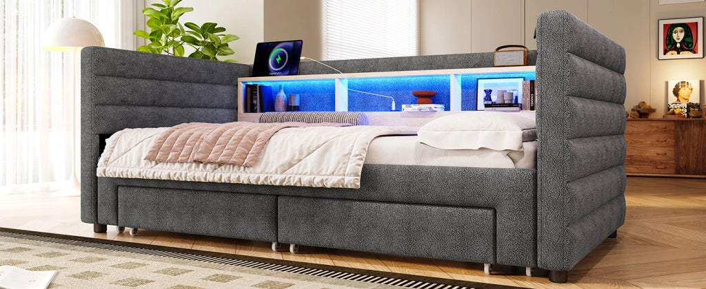DESMIU Letto estraibile 90 × 190 cm 1 posto con LED, USB, Type-C, 2 cassetti e vani, senza materasso, in velluto grigio