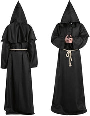 Costume di monaco medievale con cappuccio e cingolo nero abito da prete con croce per tema festa Halloween cosplay carnevale