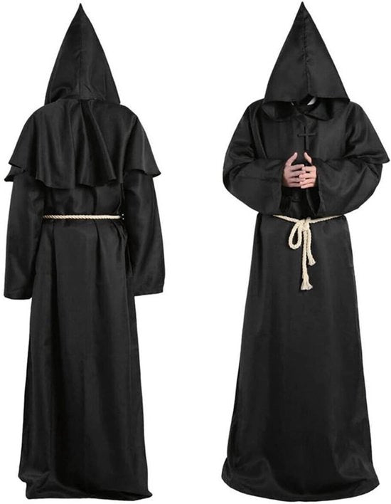 Costume di monaco medievale con cappuccio e cingolo nero abito da prete con croce per tema festa Halloween cosplay carnevale