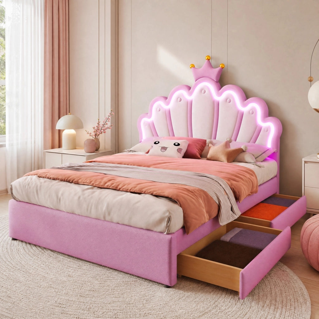 Letto imbottito 140 x 200 cm con luci LED e cassetti
