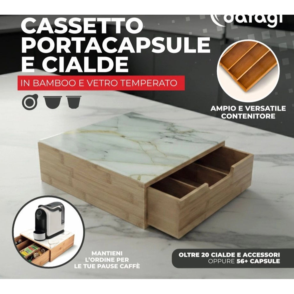Trade Shop - Cassetto Contenitore Portacapsule Cialde In Bambù Ripiano In Vetro Temperato Effetto Marmo -