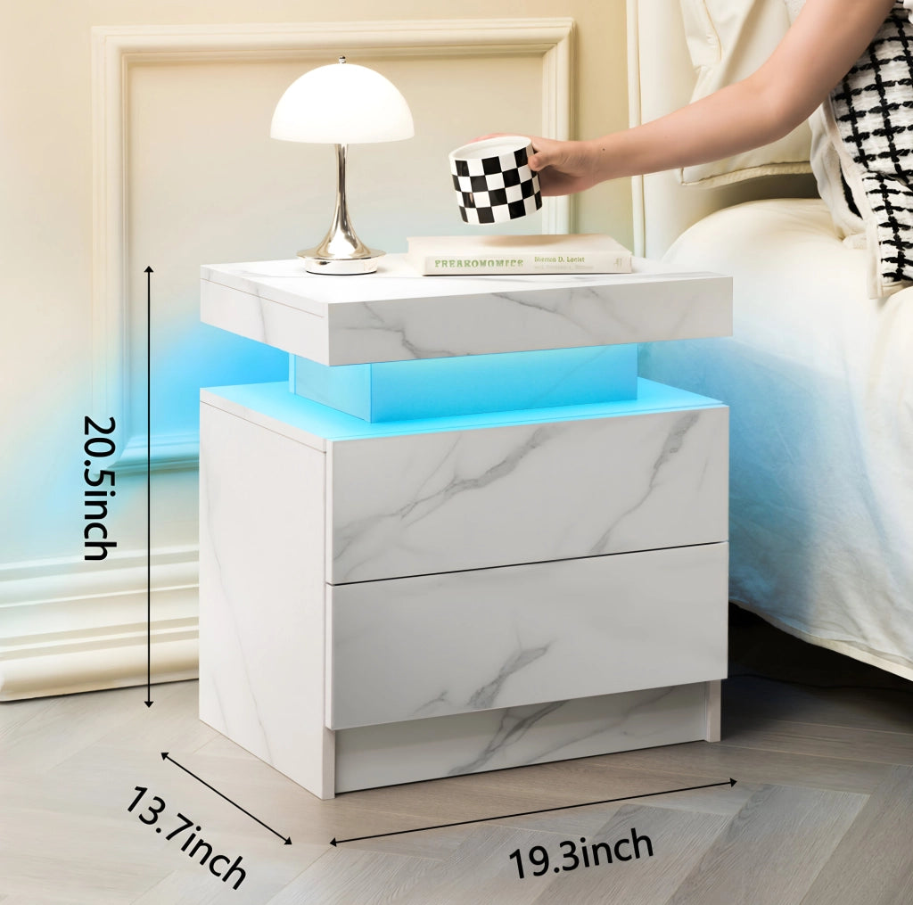 Comodino moderno con LED multicolore, 2 cassetti, bianco opaco