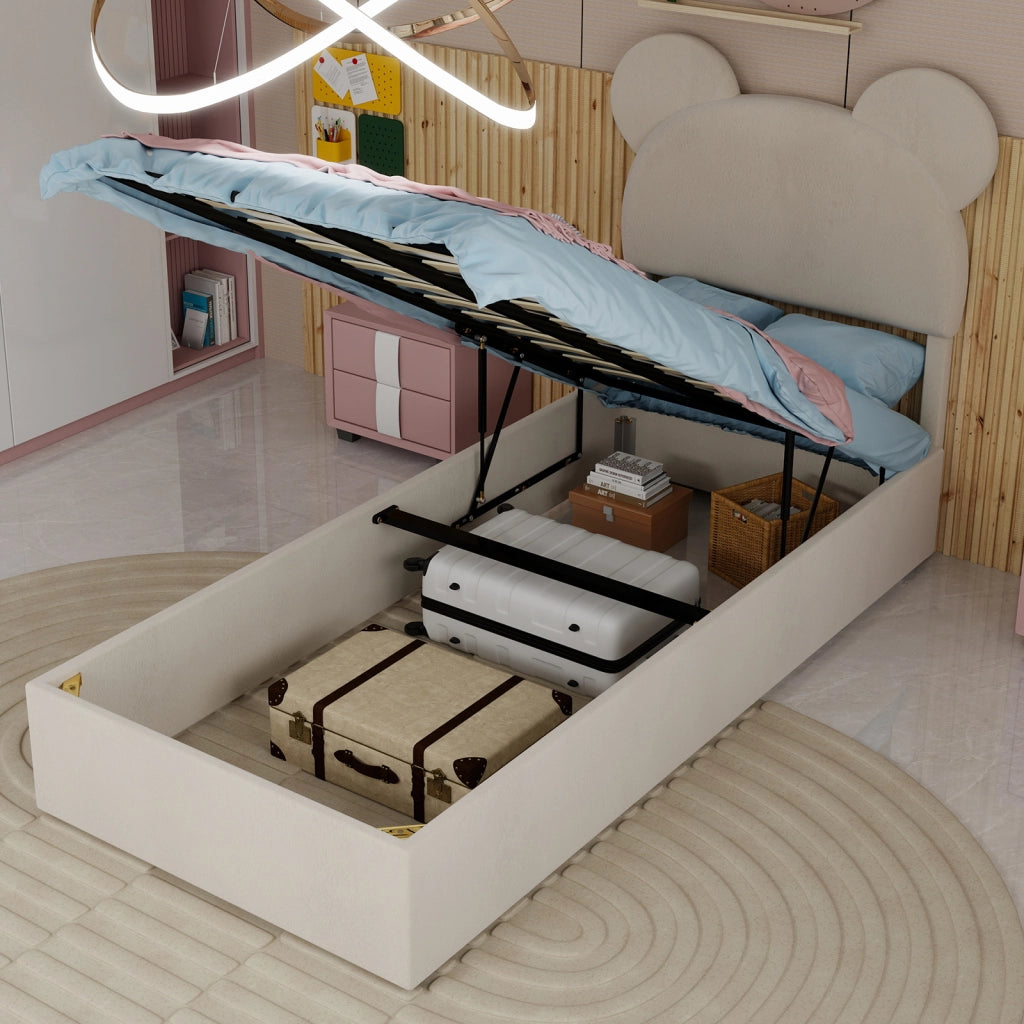 Letto Contenitore 90x200 cm; Letto Singolo - Box con Sollevamento Pneumatico - Beige