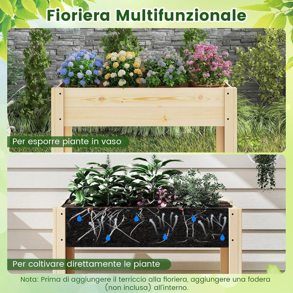 Letto da Giardino Rialzato in Legno, Fioriera Elevata con Ripiano, Drenaggio, Contenitore per Fiori, Erbe e Frutta, Scatola da Giardinaggio per Interno ed Esterno, 81x37x77CM