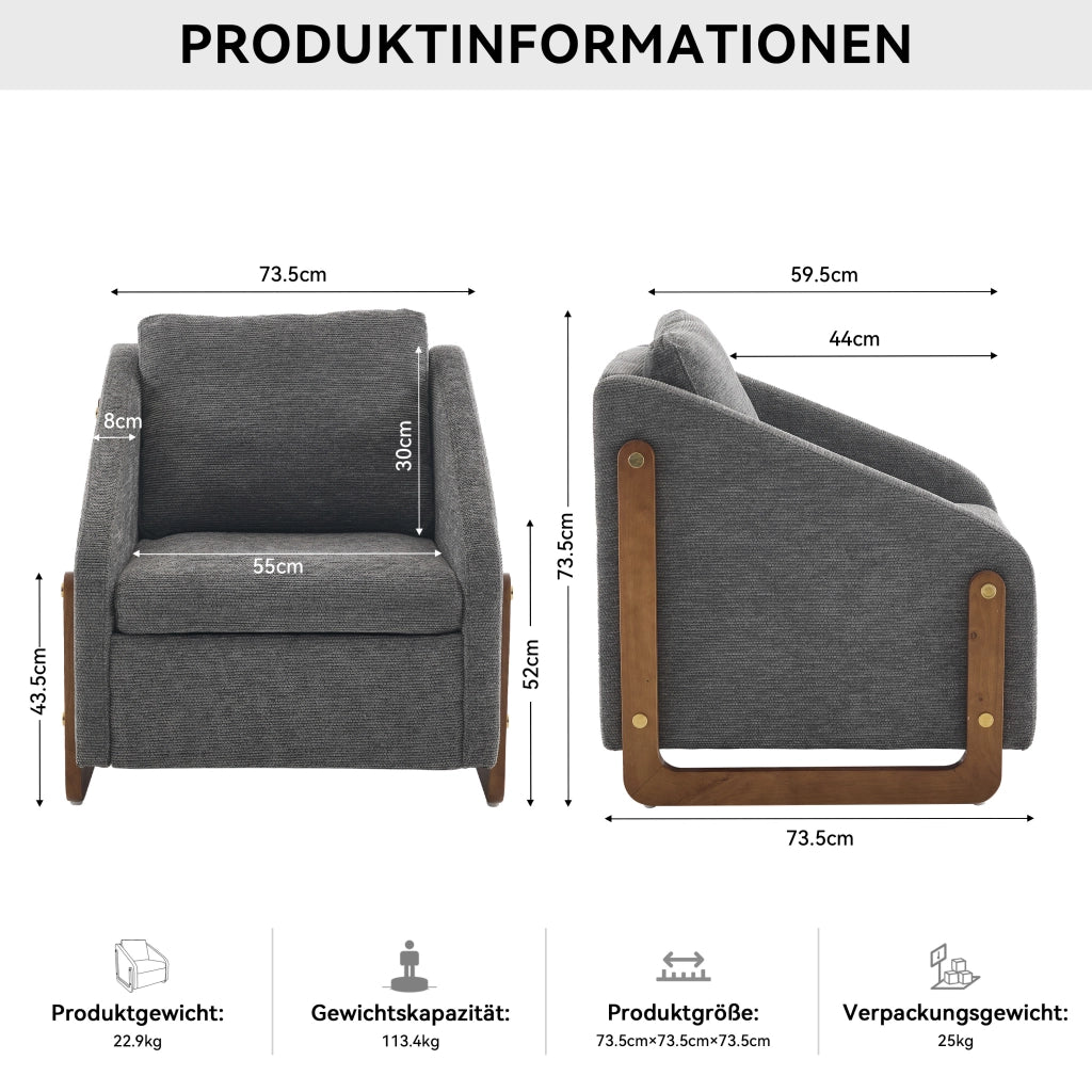 Poltrona Lounge con Braccioli e Cuscino ¨C MINIMAL ¨C Grigio, Tessuto Chenille, Gambe in Legno