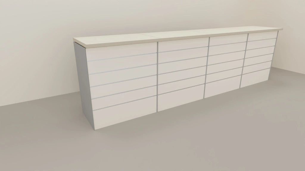 Banco cassa espositivo da negozio con pannello dogato cm. 368x64x106h