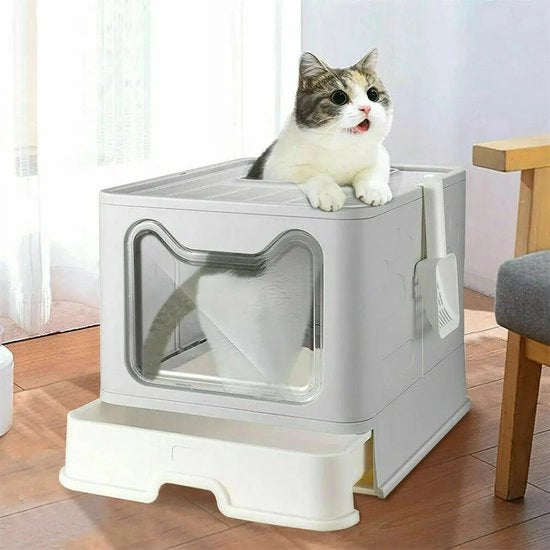 Cassetta per Gatti Grande - Cassetta per Gatti XXL - Opvouabile - Cassetta per Gatti con Cassettino Estendibile - Con Entrata Sotto e Sopra - Con Lavoro - D 41 x P 50,8 x A 38,8 cm - Grigio