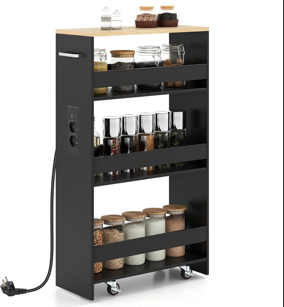 Carrello Portaoggetti a 4 Ripiani con Ruote Rirevoli a 360°, Carrellino Scorrevole con Maniglia Slim, da Bagno, Cucina, Lavanderia, 47,5 x 20 x 80,5 cm (Nero e Naturale, Con Presa)