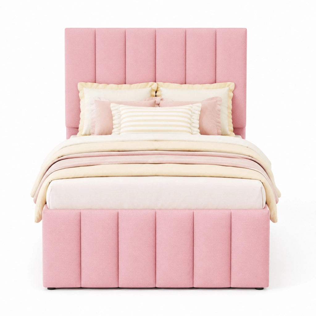 Letto imbottito singolo 90x200 cm con letto estraibile e 3 cassetti; rosa