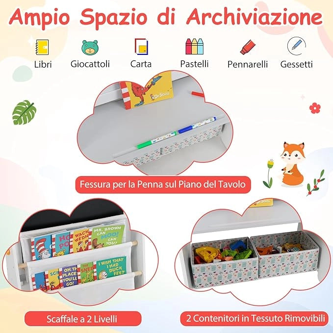 Set Tavolo e Sedia per Bambini, Lavagnetta Cancellabile Bambini con Sedia, Scaffale, 2 Contenitori in Tessuto, Gomma e Gessetti, Ideale per Disegno (Grigio)