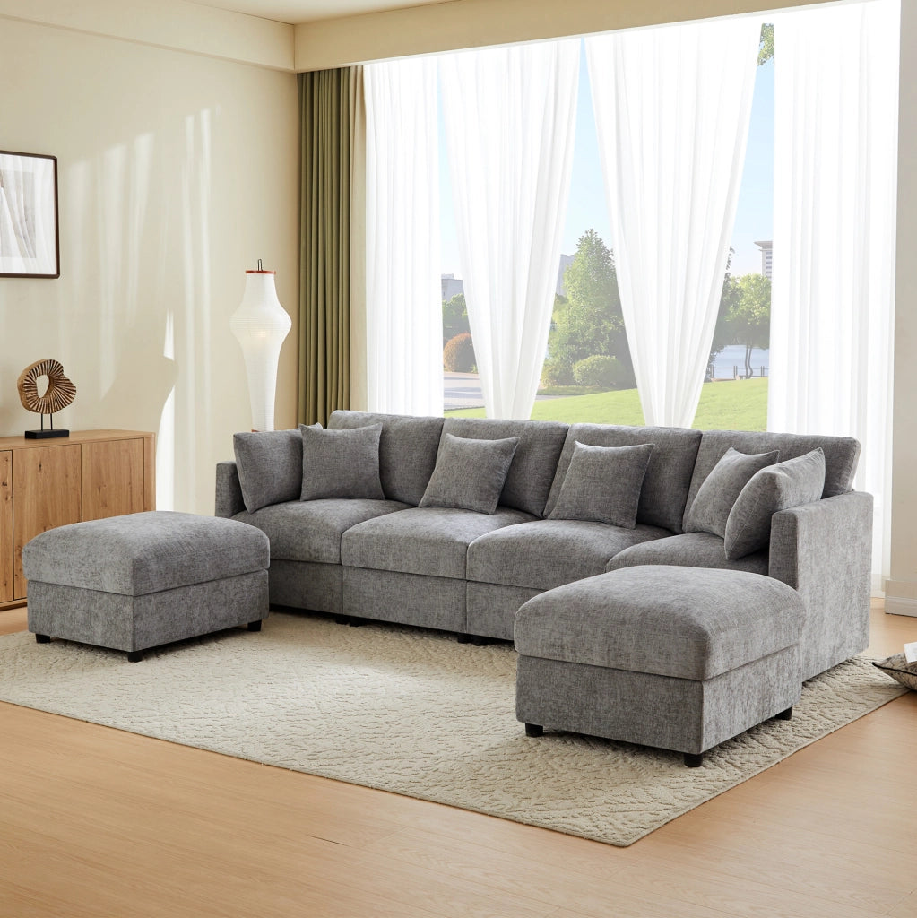 Divano modulare angolare 284x156;5x86 cm in chenille grigio con 2 pouf e 6 cuscini