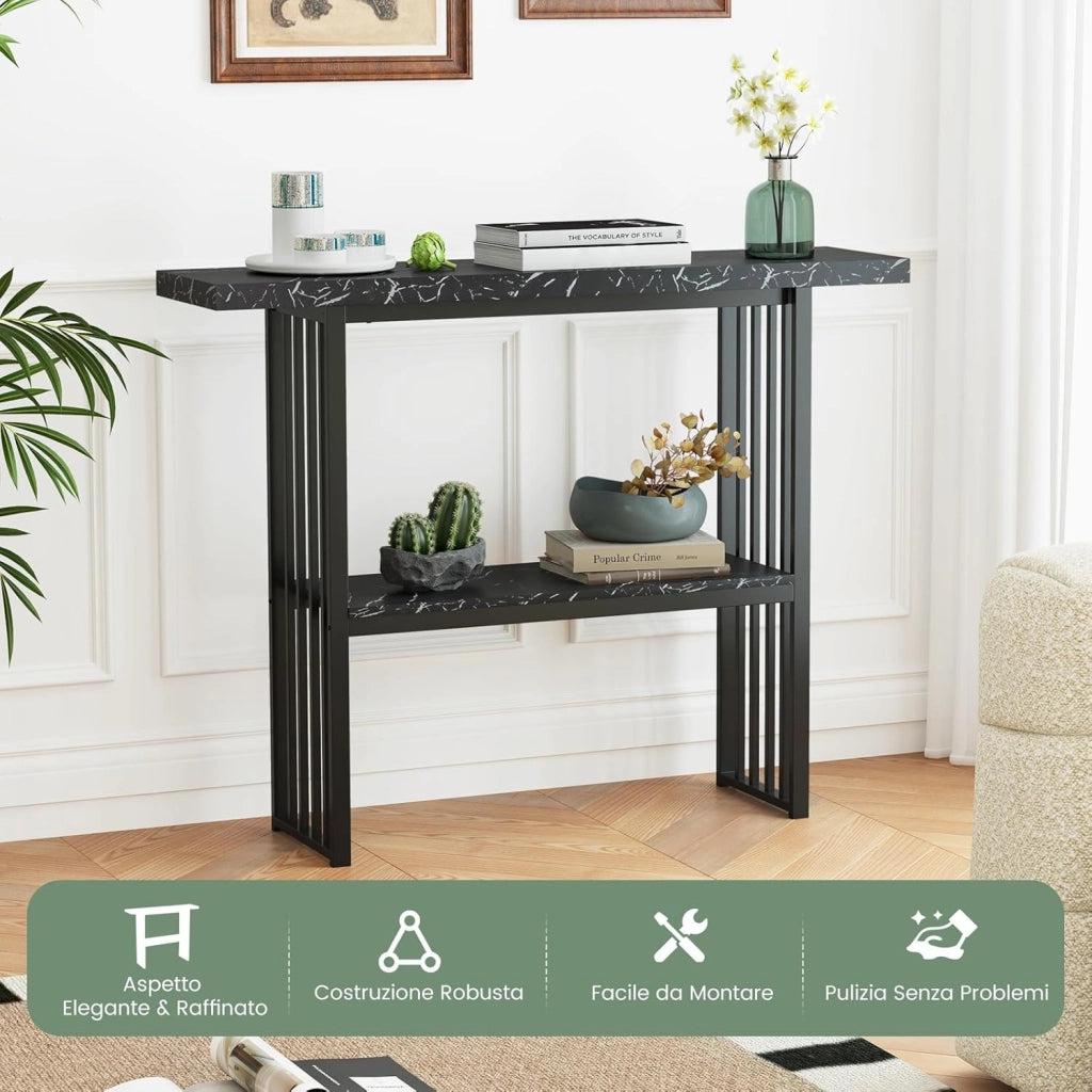Tavolo da Ingresso Stretto e Compatto, Tavolo da Divano in Finto Marmo con Struttura in Acciaio, Consolle Moderno per Salotto e Corridoio, 120 x 29,5 x 92,5 cm (Nero)
