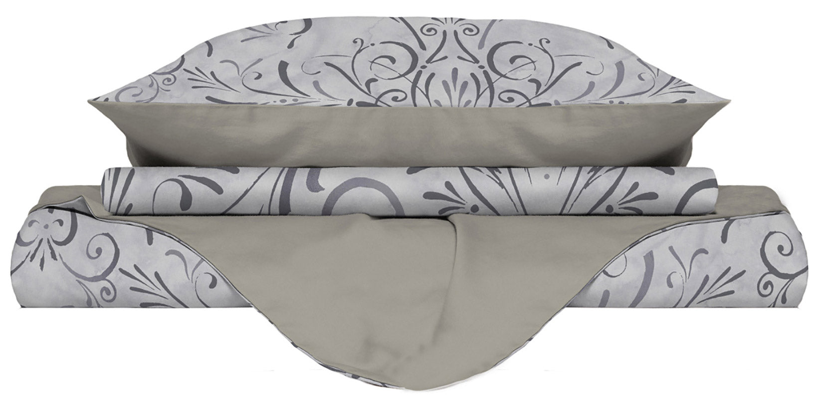 Copripiumino 1 Piazza e Mezzo con Stampa sul Sacco e Federe Doubleface Ornato Grigio