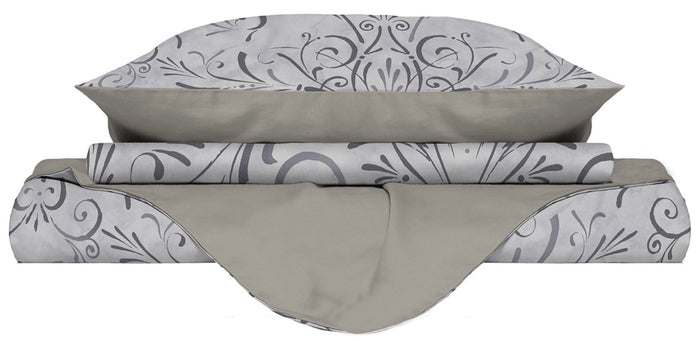 Copripiumino Singolo con Stampa sul Sacco e Federe Doubleface Ornato Grigio