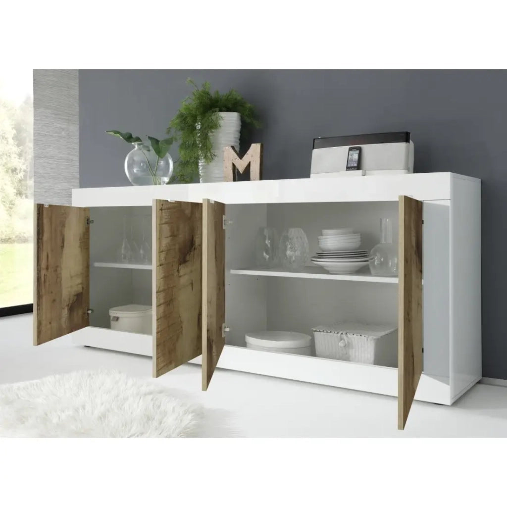 Buffet 4 porte, collezione ISORA, color bianco e rovere chiaro, ideale per un soggiorno o una sala da pranzo moderna