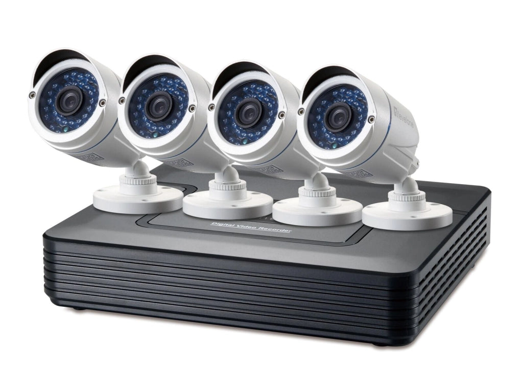 LevelOne DSK-8001 Kit Videosorveglianza Cablato 8 Canali DVR 4 Telecamere Bullet IP66 Visione Notturna 30 m H.264 HDD 6 TB colore Nero Bianco