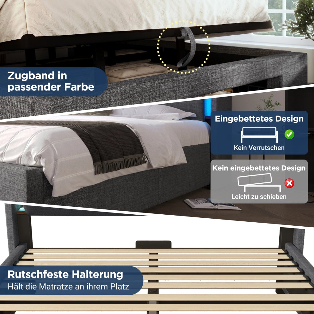 Letto imbottito grigio 140x200 cm con contenitore, luci LED e porta USB