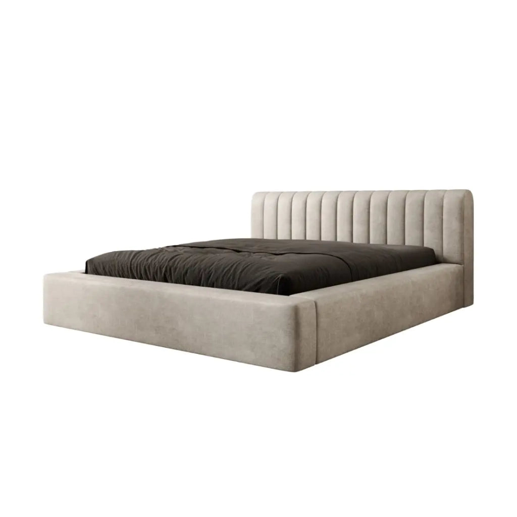Letto contenitore CERVIN – Velluto morbido Lino naturale – 140x200 cm – Rete sollevabile – Design elegante