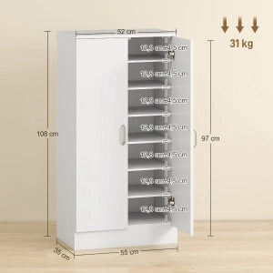 Mobile portascarpe con ripiani regolabili, chiusura soft-close, 55 x 35 x 108 cm, bianco