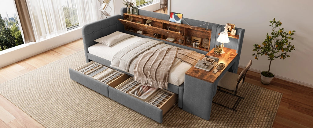 DESMIU Letto banquette 90 × 200 cm 1 piazza con 2 cassetti, scrivania, USB, Type-C e vano, senza materasso, grigio