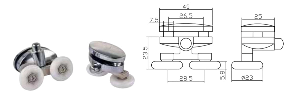 Coppia Cuscinetti Doppia Ruota Attacco Superiore ABS Cromato Box Doccia – Ø23 mm – Foro 9 mm – Interasse 26,5 mm