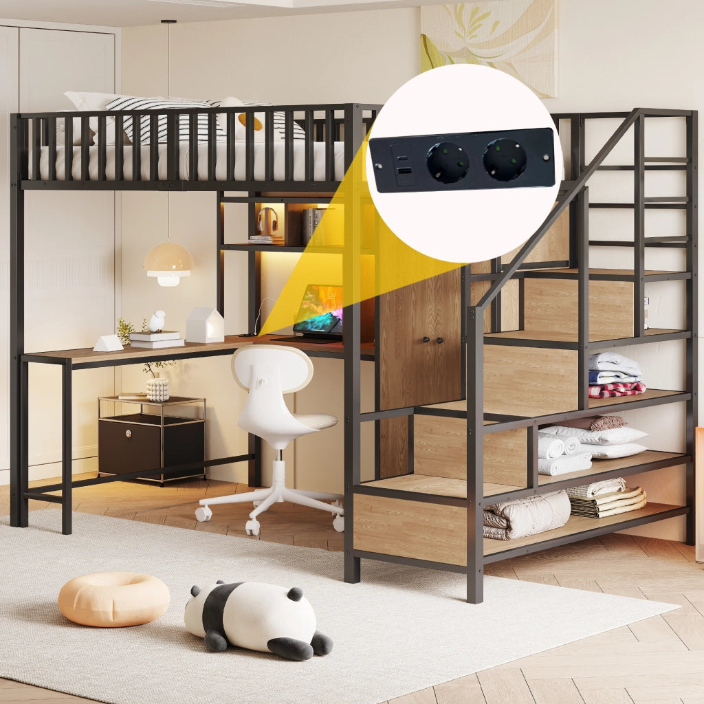 DESMIU Letto a soppalco matrimoniale con scrivania, armadio, cassetti, LED, USB e Type-C 140 × 200 cm senza materasso