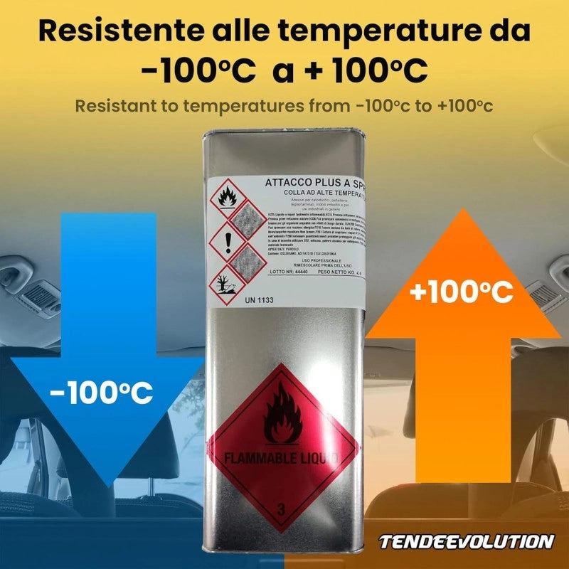 Colla Premium AttaccoPlus per Tessuto Cielo Auto e Altri Materiali da 4,5kg - Alta Temperatura - Applicabile a Spruzzo o Pennello - Made in Italy