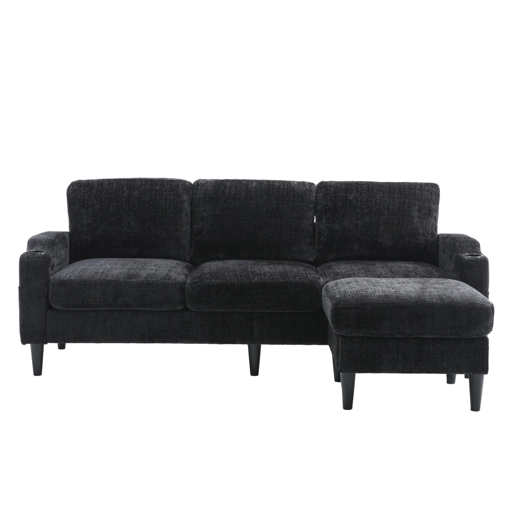 Divano Dritto 4 Posti con Pouf Contenitore; Portabicchieri e Tasche Laterali; Struttura Metallo Legno in Chenille Nera