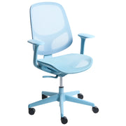Sedia da ufficio azzurra in rete con base girevole, braccioli e altezza regolabile per ufficio domestico e open space