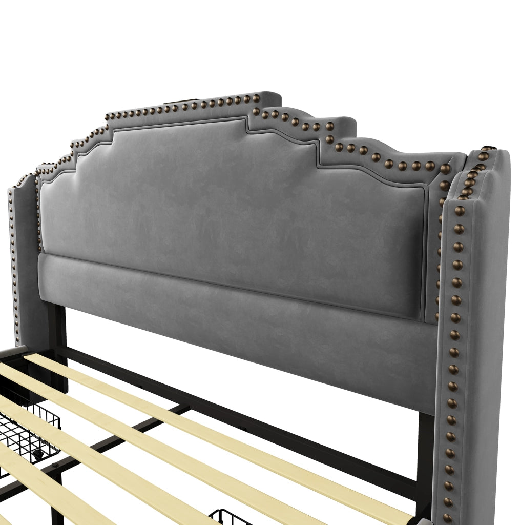 Letto imbottito 140x200 in velluto grigio con LED; USB-C e 4 cassetti