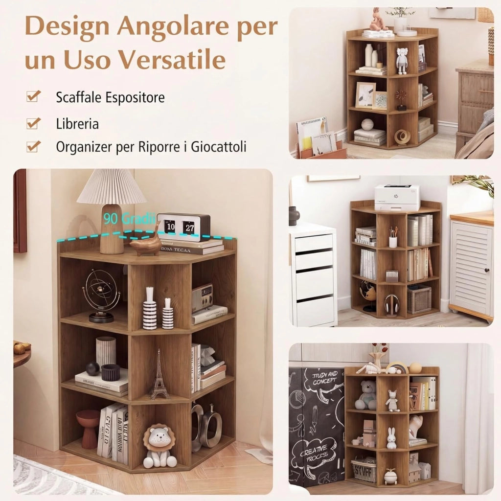 Mobile ad Angolo a 3 Livelli in Legno, Libreria Angolare Aperta con Stazione di Ricarica 9 Cubi 2 Porte USB e 4 Prese, Adatto per Spazi Ridotti, 51x71,5x86 cm (Naturale)