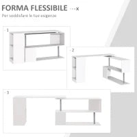 Scrivania Moderna, Angolare e Girevole con Libreria, Tavolo da Pranzo in Truciolato Bianco, 140x120x78 cm