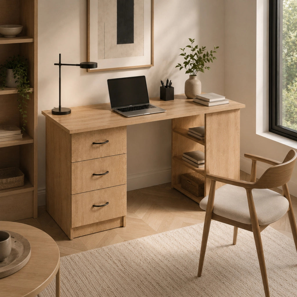 Scrivania Moderna Con 3 Cassetti E 3 Vani A Giorno Scrittoio Struttura In MDF Resistente Design Minimal Ideale Per Ufficio Studio Cameretta E Smart Working 120 x 49 x 72 Cm Rovere
