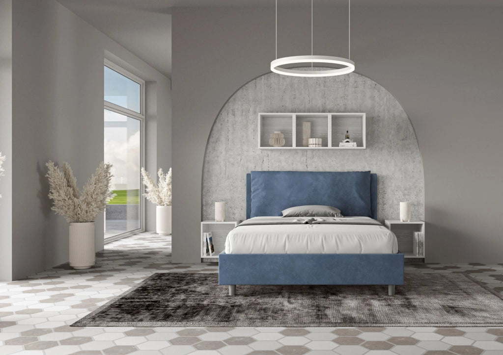 BS COM Letto matrimoniale francese con rete imbottito 140x200 microfibra blu Large