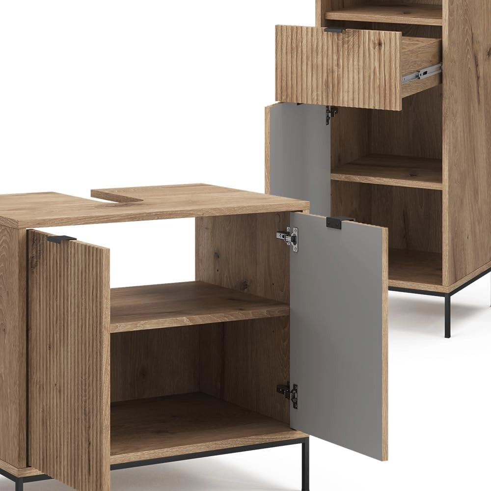 Set di mobili da bagno Eliza, Quercia vichinga, 70 cm, composto da mobile sottolavabo, specchiera e colonna alta