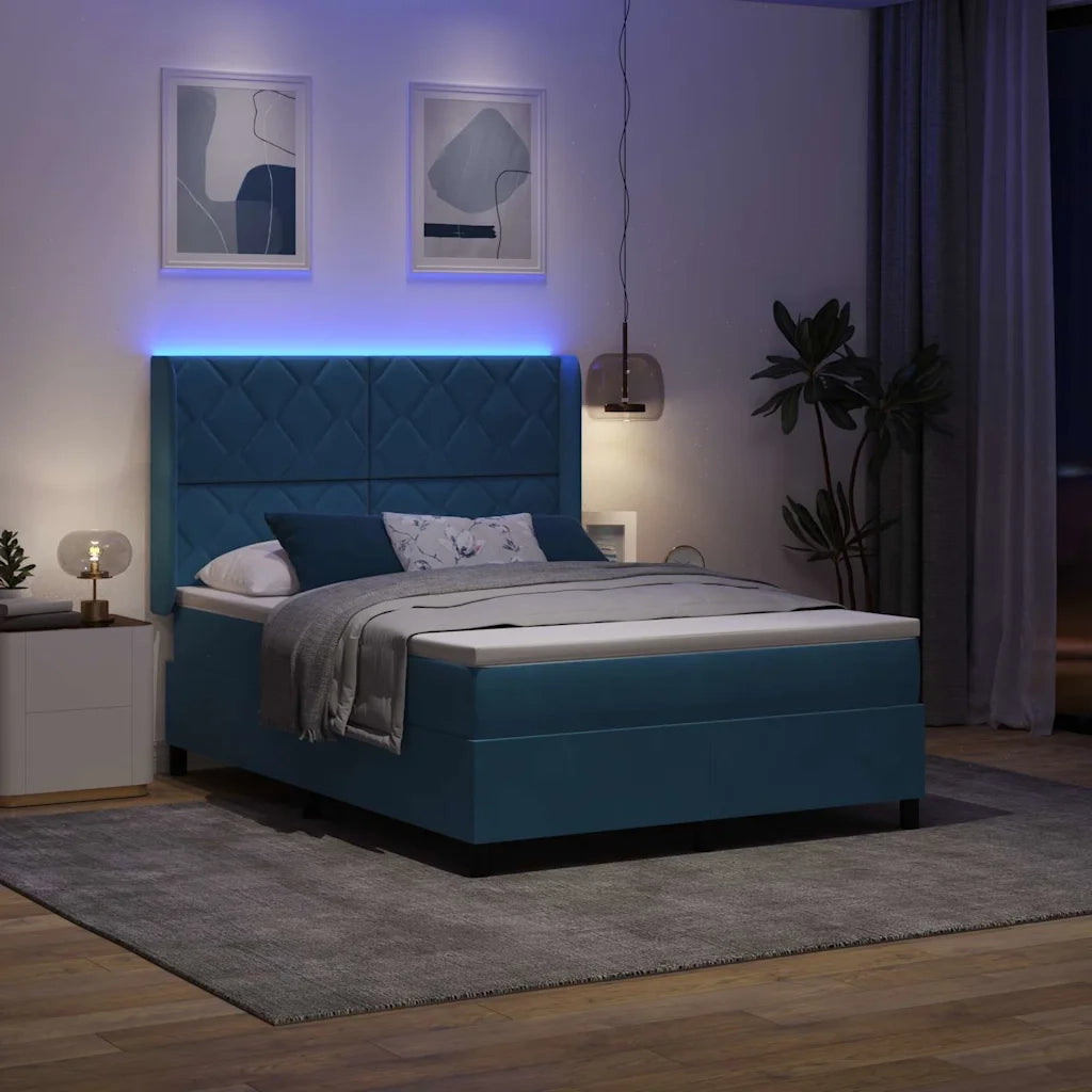 Letto con Box Springs LED e Materasso Blu 140 x 190 cm Velluto 3343920