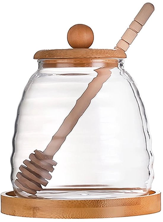 Contenitore per miele in vetro borosilicato 16 oz con coperchio in bambù - Dispensatore per miele - Ciotola per immersione manuale - Contenitore di conservazione per la cucina - Materiale duraturo in vetro borosilicato